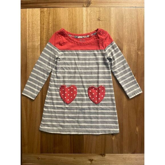 Mini Boden Girls Striped Dress Red Heart Pockets Size 3-4Y